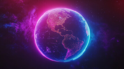 Obraz premium Colorful digital artwork of Earth with glowing neon effects in space. 