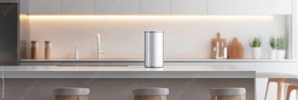 Poster Modern kitchen showcasing a sleek water filter on a minimalistic countertop with stylish bar stools in a bright setting. Generative AI