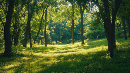 Fototapeta premium A serene forest scene with sunlight filtering through trees, highlighting lush greenery.