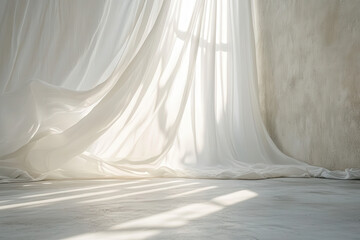 A serene interior scene with flowing white fabric and soft light casting shadows.