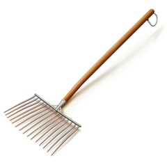 Wooden garden rake with metal tines used for yard cultivation gardening and landscaping maintenance tasks  The rake is a common farm and gardening tool for preparing soil removing debris