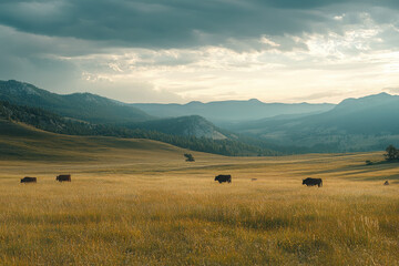 Obraz premium A serene landscape featuring cattle grazing in a vast, grassy field under a cloudy sky.