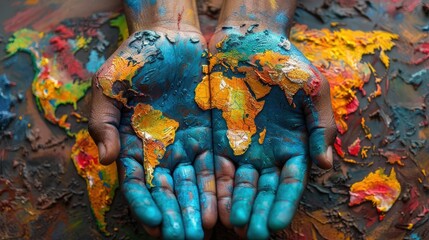 Fototapeta premium Painted hands cradling a colorful world map.