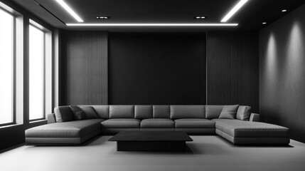 Modern dark living room with sectional sofa and large windows.