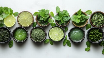 A vibrant arrangement of herbs, citrus, and green ingredients for fresh recipes or drinks.