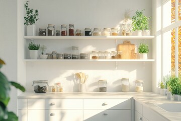 Scandinavian style white kitchen with eco friendly decor.
