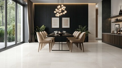 Fototapeta premium Modern dining room with large windows, beige floor, dark wall, and elegant table setting.