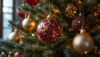 Close-up view of decorative Christmas ornaments, featuring intricate designs in burgundy, gold, and dark brown, hanging on a Christmas tree.