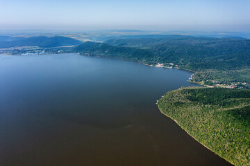 Southern Urals, Bashkortostan, Nugush reservoir in summer. Aerial view.