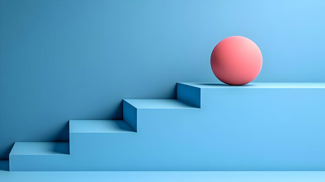 Abstract 3D Render: Pink Sphere on Blue Steps