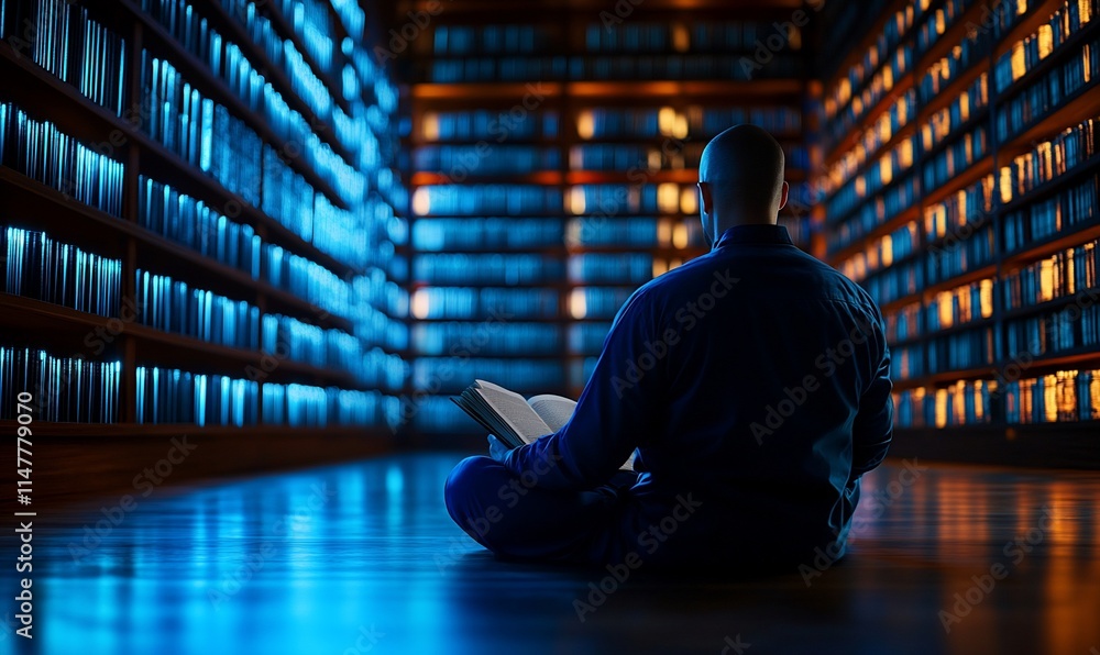 Poster man sits on floor in a library reading a book surrounded by bookshelves.