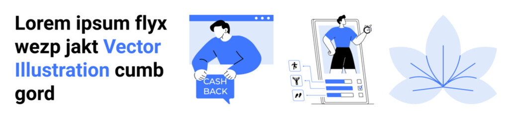 Person holding cashback sign, interactive user profile screen, and minimalistic floral pattern. Ideal for promotions, apps, websites, digital marketing, finance, personal development, wellness