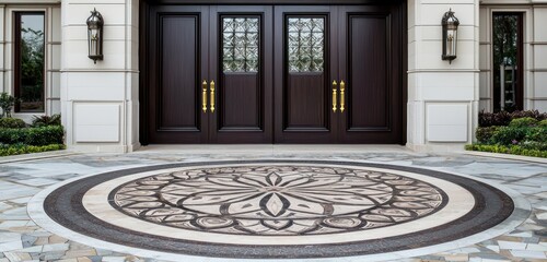 Obraz premium Elegant double mahogany front door with brass details, set on a circular driveway with intricate stonework.