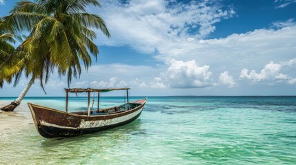 Obraz premium Tranquil Tropical Scene with Boat and Palm Trees by the Shore