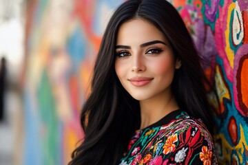 Portrait of a woman against a colorful mural backdrop.