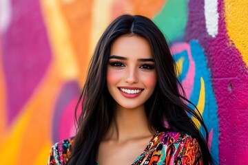 A smiling woman in front of a colorful mural.