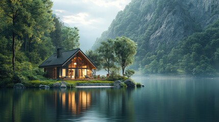 Fototapeta premium Secluded cabin, lake, mountains, forest.