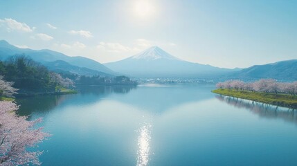 Serene Lake Mount Fuji Cherry Blossoms Spring in Japan