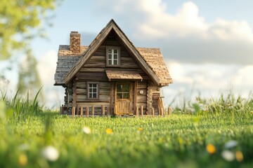 Wooden house on green grass   Eco house