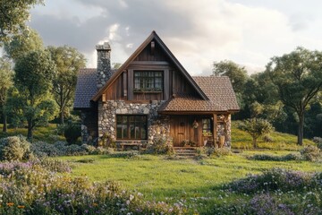 Fototapeta premium Wooden house on green grass Eco house