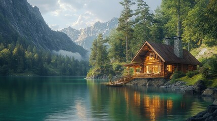 Fototapeta premium Secluded cabin, tranquil lake, majestic mountains.