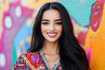 Naklejka premium Smiling woman in colorful attire against vibrant mural.