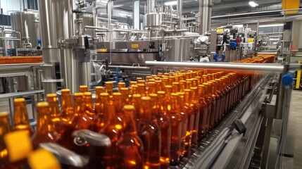 Naklejka premium A brewery production line showing amber-colored beer bottles being filled and labeled in rapid succession.