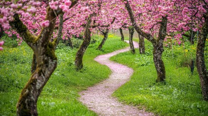 Naklejka premium Serene Path Through Blooming Cherry Blossom Trees in Spring