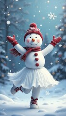 Fototapeta premium Snowman in a ballerina costume dancing in a snowy forest.Joyful creativity and whimsy in a magical winter scene.Holiday cards, children’s events, and whimsical seasonal marketing
