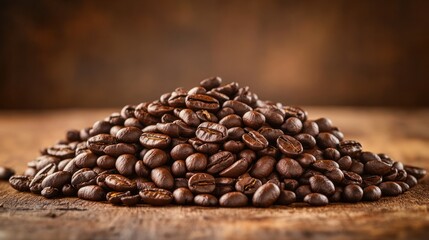 Fototapeta premium Aromatic Coffee Beans: Rich, Dark Roast Coffee Beans on Rustic Wood