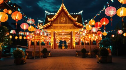 Fototapeta premium A grand Thai temple decorated with vibrant lanterns and garlands during the Makha Bucha celebration.