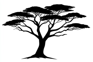 Obraz premium Silhouette of a large acacia tree with sprawling branches against a white background.