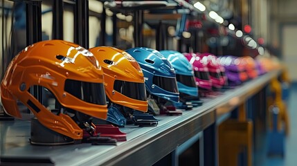 Fototapeta premium A helmet production line featuring molding machines creating glossy and colorful protective gear.