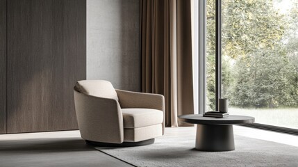 Fototapeta premium Minimalist modern living room with sleek, spacious decor. Featuring clean lines and soft tones