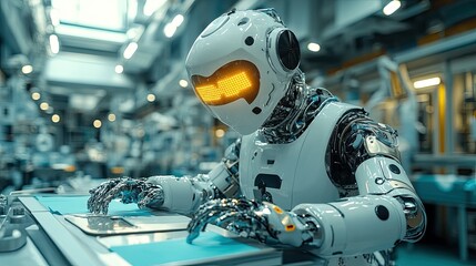 Fototapeta premium Robotic worker operating tablet in a futuristic factory.