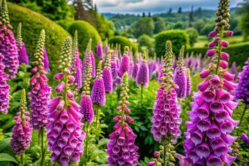 Serene outdoor artwork: a vibrant aerial shot of purple foxgloves blooming in a flourishing garden.