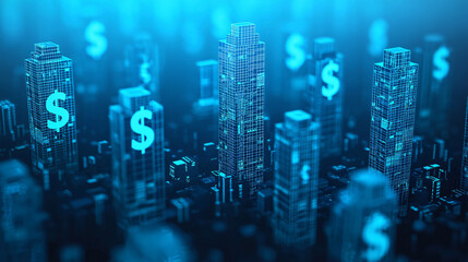 Fototapeta premium Futuristic cityscape with glowing dollar symbols, representing finance and technology integration