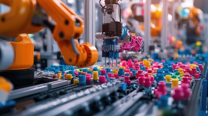 A toy production line with colorful parts being assembled and checked by automated arms.