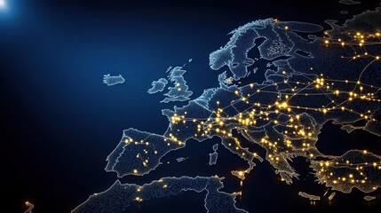 Obraz premium Digital map of Europe with glowing connections between cities, illustrating global connectivity and the network effect in digital marketing. 
