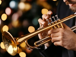 Obraz premium A close-up of a musician playing a golden trumpet, with detailed focus on the hands and instrument, set against a warm bokeh background of glowing lights