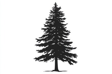 Black silhouette of a tall evergreen tree isolated on white background.
