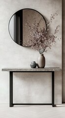 A console table with black metal legs and a beige stone top. In front of it, there is an elegant vase filled with blooming cherry blossoms. 