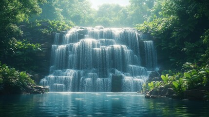Fototapeta premium Serene jungle waterfall cascades into tranquil pool.