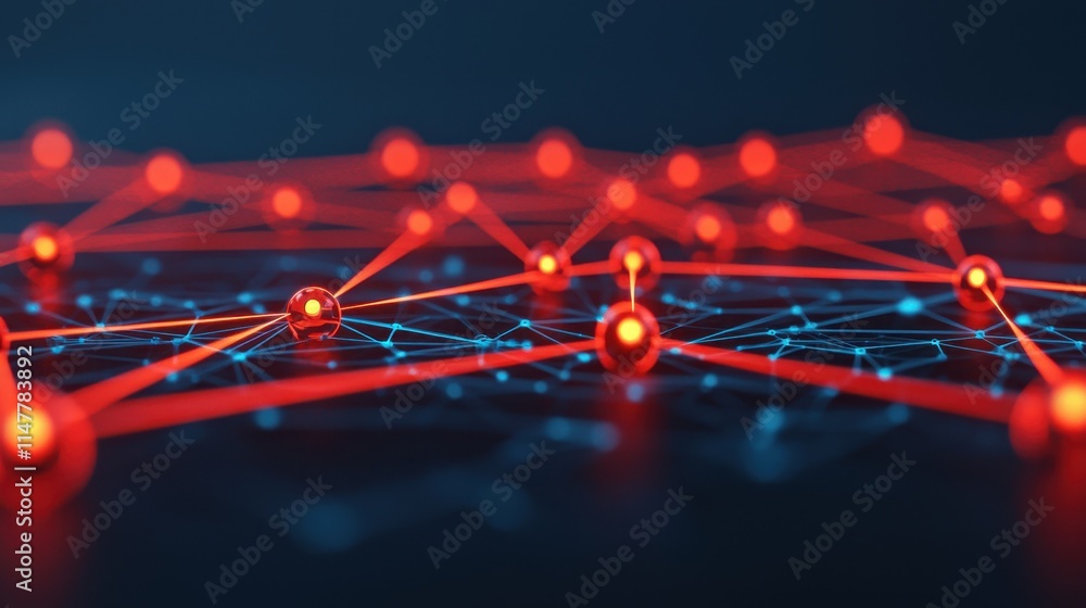 Poster abstract network connections with red and blue nodes on dark surface