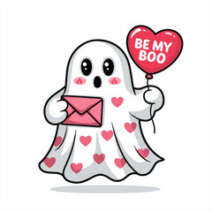 A cute white sheet ghost with soft pink hearts on the sheet and two black eyes. The ghost is holding a Valentine's letter and a
heart-shaped balloon that says 