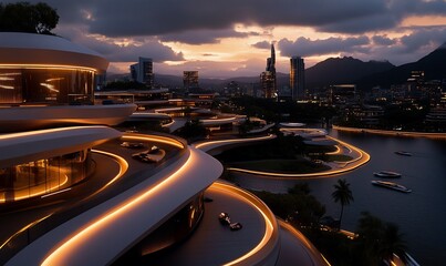Futuristic urban landscape with illuminated architecture.