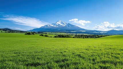 Scenic view of a snow-capped mountain peak overlooking a vast green field under a bright blue sky.