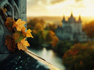 Obraz premium A close-up of golden autumn leaves climbing a stone railing, with a blurred view of a historic castle and warm sunset tones in the background