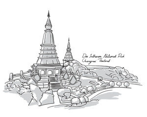 Naklejka premium Doi Inthanon National Park, Chiangmai, Thailand. Hand drawing outline.