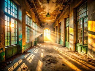 Fototapeta premium A bright, spacious corridor, bathed in natural light, echoes emptiness within a building of grand windows.